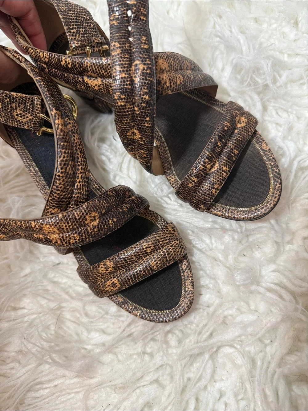 RARE Salvatore Ferragamo Brown Snakeskin Crisscross Strap Heels size 6 to 6.5